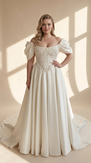 AI-generated styling preview — Ivory Taffeta Bridal Corset & Long Train Skirt Set
