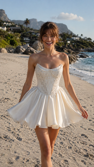 AI-generated styling preview — Ivory Beaded Taffeta Corset & Mini Skirt Bridal Set