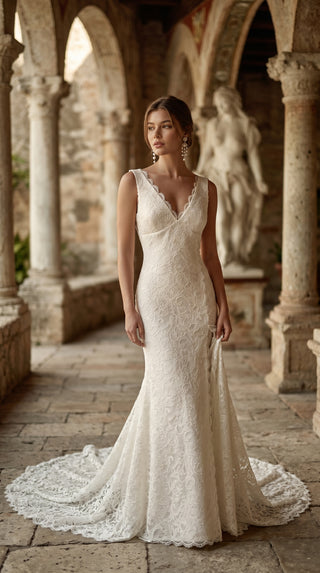 AI-generated styling preview — Ivory Lace Wedding Dress with V-Neckline & Slit