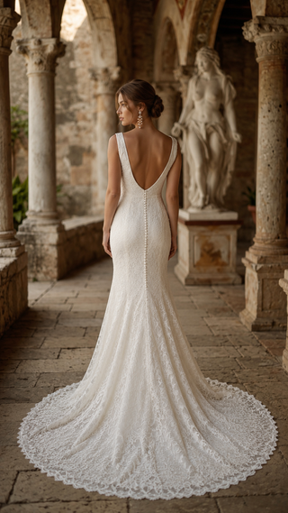 AI-generated styling preview — Ivory Lace Wedding Dress with V-Neckline & Slit