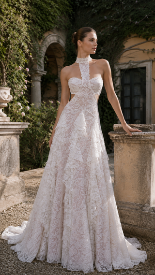 AI-generated styling preview — Ivory Lace Wedding Dress with Powder Pink Base & Ruffled Skirt