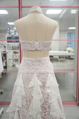 Original product photo — Ivory Lace Wedding Dress with Powder Pink Base & Ruffled Skirt