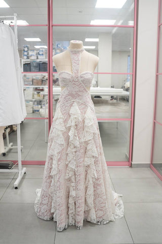 Original product photo — Ivory Lace Wedding Dress with Powder Pink Base & Ruffled Skirt