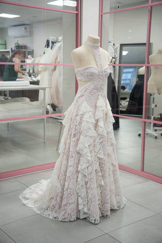 Original product photo — Ivory Lace Wedding Dress with Powder Pink Base & Ruffled Skirt