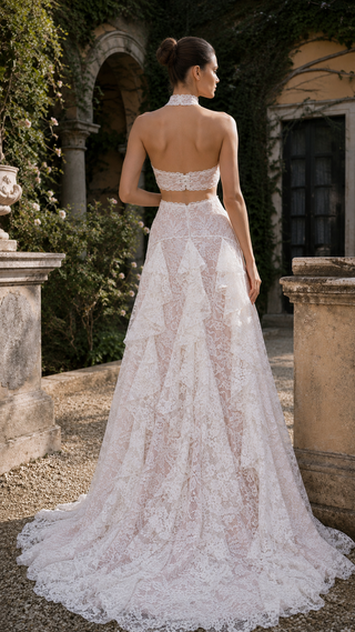 AI-generated styling preview — Ivory Lace Wedding Dress with Powder Pink Base & Ruffled Skirt