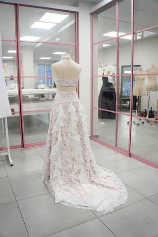 Original product photo — Ivory Lace Wedding Dress with Powder Pink Base & Ruffled Skirt