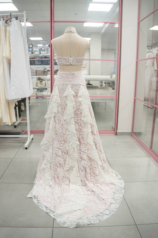 Original product photo — Ivory Lace Wedding Dress with Powder Pink Base & Ruffled Skirt