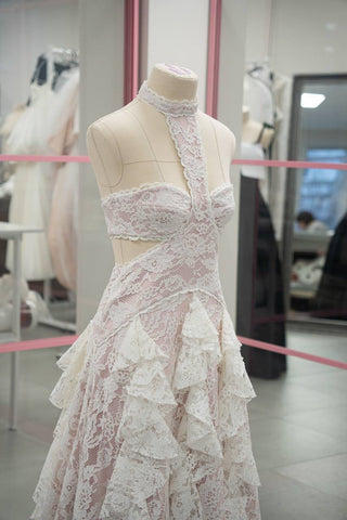 Original product photo — Ivory Lace Wedding Dress with Powder Pink Base & Ruffled Skirt