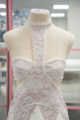 Original product photo — Ivory Lace Wedding Dress with Powder Pink Base & Ruffled Skirt