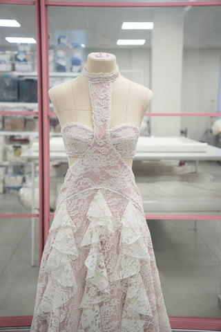 Original product photo — Ivory Lace Wedding Dress with Powder Pink Base & Ruffled Skirt