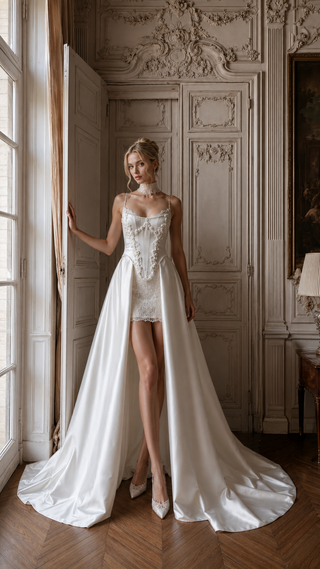 AI-generated styling preview — Convertible Lace Bridal Corset & Mini Skirt Set with Detachable Train