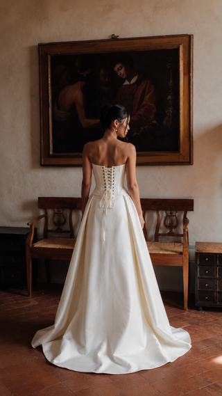 AI-generated styling preview — Dark Ivory Taffeta Bridal Corset & Skirt Set with Detachable Train