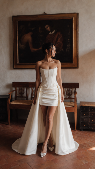 AI-generated styling preview — Dark Ivory Taffeta Bridal Corset & Skirt Set with Detachable Train