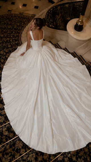 AI-generated styling preview — Hand-Embroidered Bridal Corset Gown with Flowing Taffeta Skirt