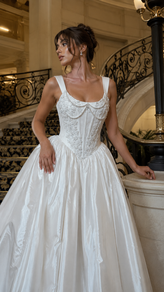 AI-generated styling preview — Hand-Embroidered Bridal Corset Gown with Flowing Taffeta Skirt