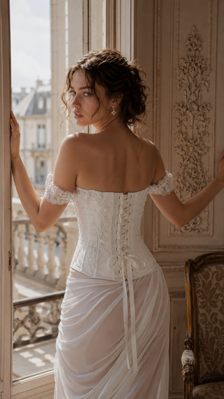 AI-generated styling preview — Embroidered Lace & Mesh Bridal Corset