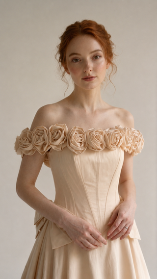 AI-generated styling preview — Golden Taffeta Wedding Gown with Handmade Roses