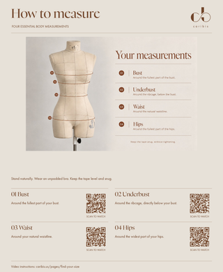 Caribis how to measure — bust, underbust, waist and hips with video QR codes