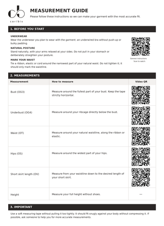 Caribis measurement guide in English with QR video instructions for bust, underbust, waist, hips and short skirt length.