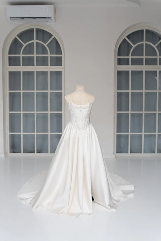 Original garment on mannequin — Plus Size Embroidered Bridal Corset & Mikado Skirt Set