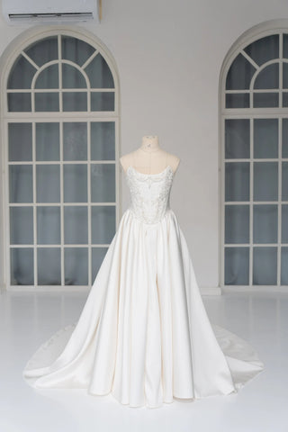 Original garment on mannequin — Plus Size Embroidered Bridal Corset & Mikado Skirt Set
