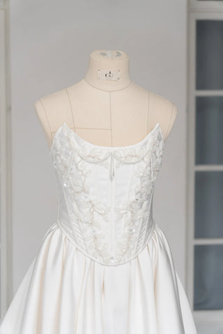 Original garment on mannequin — Plus Size Embroidered Bridal Corset & Mikado Skirt Set