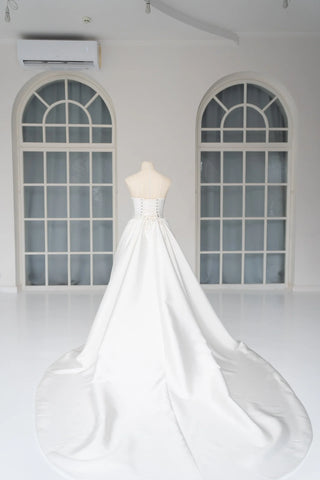 Original garment on mannequin — Plus Size Embroidered Bridal Corset & Mikado Skirt Set