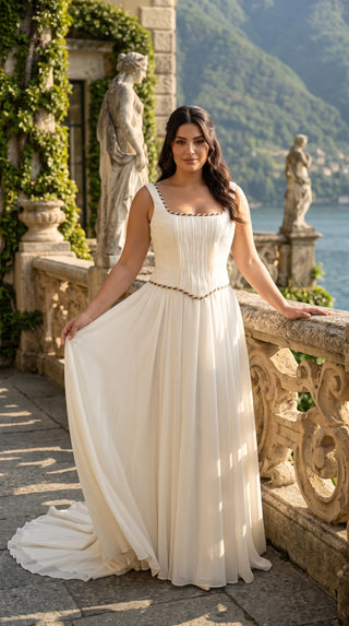 AI-generated plus-size styling preview — Plus Size Draped Bridal Corset & Chiffon Skirt Set