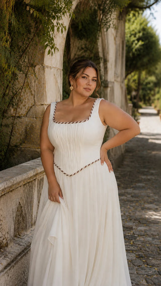 AI-generated plus-size styling preview — Plus Size Draped Bridal Corset & Chiffon Skirt Set