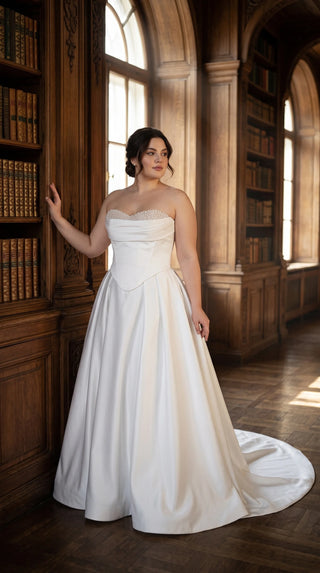 AI-generated plus-size styling preview — Plus Size Strapless Mikado Wedding Dress with Train