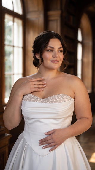 AI-generated plus-size styling preview — Plus Size Strapless Mikado Wedding Dress with Train