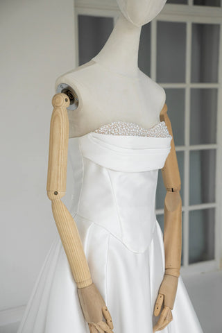 Original garment on mannequin — Plus Size Strapless Mikado Wedding Dress with Train