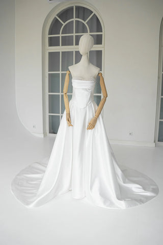 Original garment on mannequin — Plus Size Strapless Mikado Wedding Dress with Train