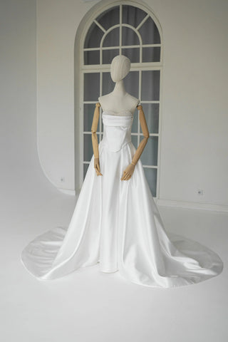 Original garment on mannequin — Plus Size Strapless Mikado Wedding Dress with Train