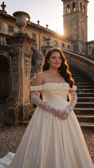 AI-generated plus-size styling preview — Plus Size Off-the-Shoulder Taffeta Wedding Dress