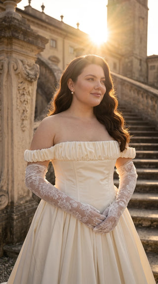 AI-generated plus-size styling preview — Plus Size Off-the-Shoulder Taffeta Wedding Dress