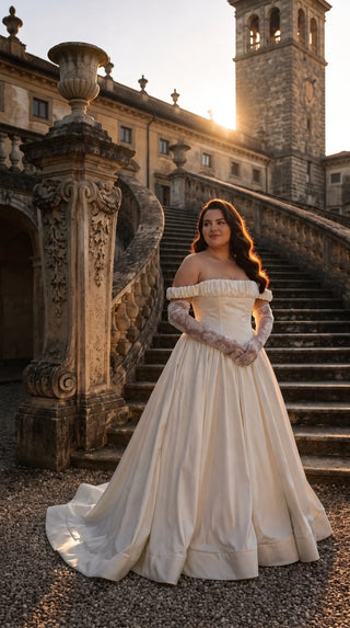 AI-generated plus-size styling preview — Plus Size Off-the-Shoulder Taffeta Wedding Dress