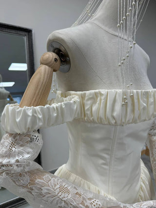 Original garment on mannequin — Plus Size Off-the-Shoulder Taffeta Wedding Dress