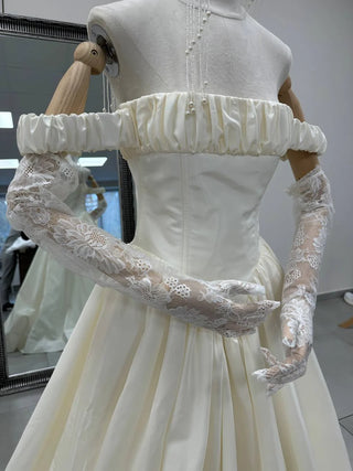 Original garment on mannequin — Plus Size Off-the-Shoulder Taffeta Wedding Dress