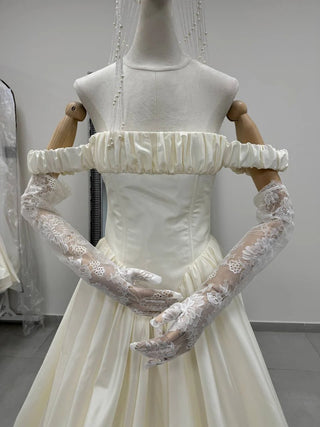 Original garment on mannequin — Plus Size Off-the-Shoulder Taffeta Wedding Dress