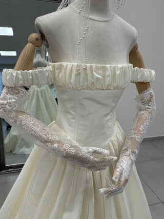 Original garment on mannequin — Plus Size Off-the-Shoulder Taffeta Wedding Dress