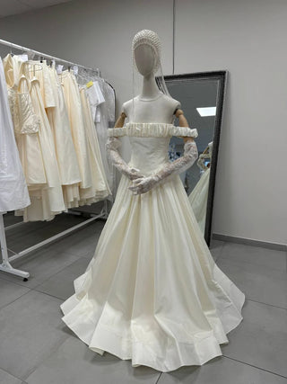 Original garment on mannequin — Plus Size Off-the-Shoulder Taffeta Wedding Dress