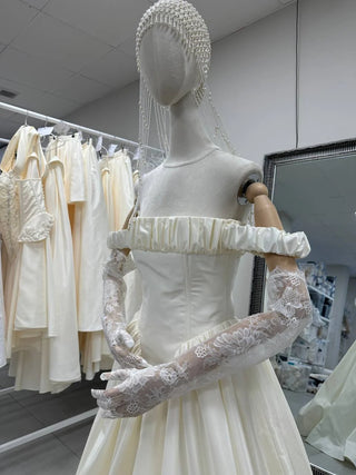 Original garment on mannequin — Plus Size Off-the-Shoulder Taffeta Wedding Dress