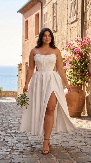 AI-generated plus-size styling preview — Plus Size Satin Corset Wedding Dress — Midi or Maxi