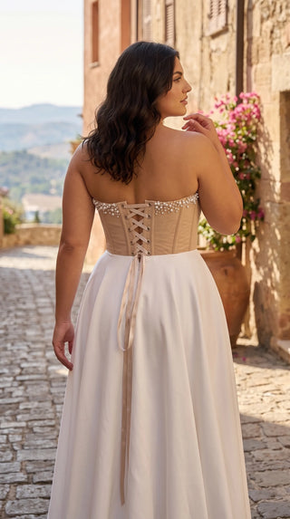 AI-generated plus-size styling preview — Plus Size Satin Corset Wedding Dress — Midi or Maxi