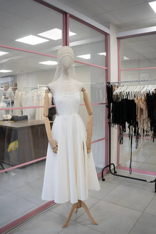 Original garment on mannequin — Plus Size Satin Corset Wedding Dress — Midi or Maxi