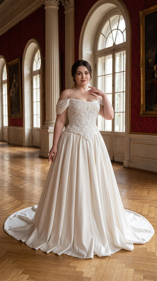 AI-generated plus-size styling preview — Plus Size Off-the-Shoulder Bridal Corset & Skirt Set