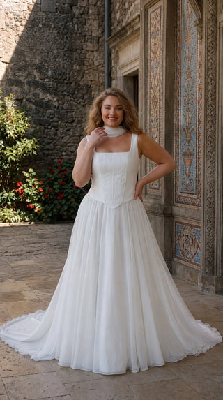 AI-generated plus-size styling preview — Plus Size Chiffon Bridal Corset, Skirt & Scarf Set