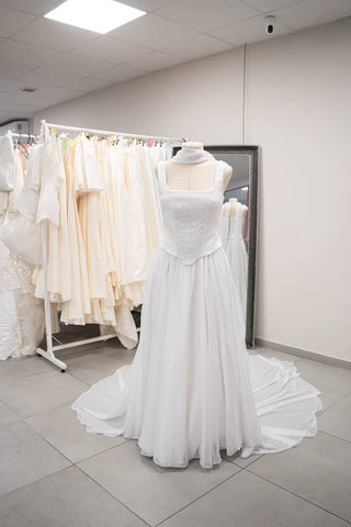 Original garment on mannequin — Plus Size Chiffon Bridal Corset, Skirt & Scarf Set