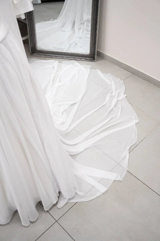 Original garment on mannequin — Plus Size Chiffon Bridal Corset, Skirt & Scarf Set